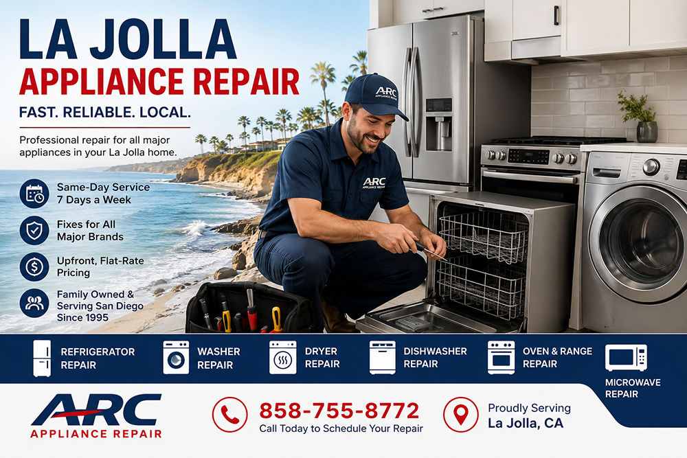ARC appliance repair technician servicing a dishwasher in a La Jolla kitchen overlooking the coast